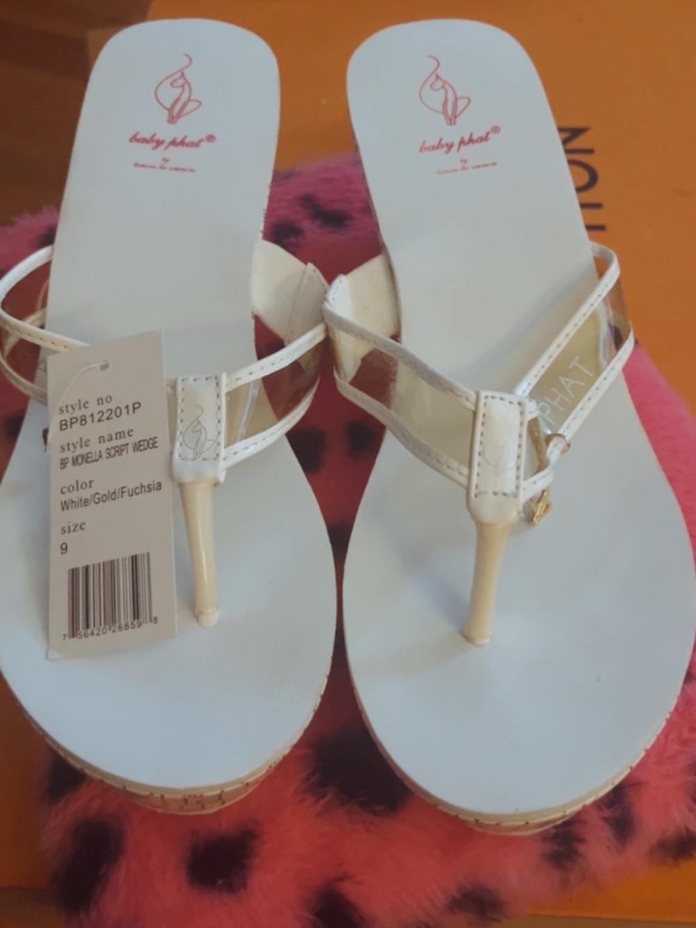 Baby Phat White Wedge Thong Sandals with Gold Accents